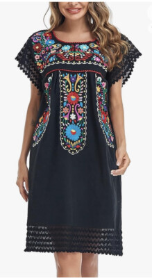 Traditional Mexican Style Mexican Embroidered Dress Plus Size YZXDORWJ  Black M All Cotton Crew Neck Short Sleeve Mexican Dress Embroidery
