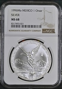 1996 Mo 1 Oz Silver Mexico Libertad   NGC MS68.  BRIGHT COIN!! NO RESERVE!!!