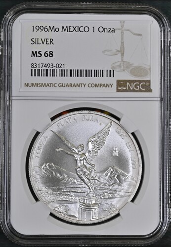 1996 Mo 1 Oz Silver Mexico Libertad   NGC MS68.  BRIGHT COIN!! NO RESERVE!!!