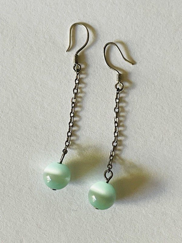Silver Tone Aqua Cats Eye Beaded Dainty Delicate Statement Earrings