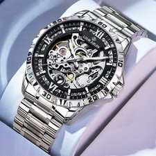 Skeleton Dial Mens Automatic Mechanical Watch Alloy stainless Self-winding Gift