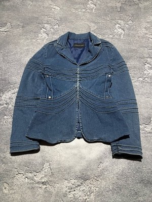 Vintage MUGLER Blue Denim Jacket Hourglass Sculptural Pleated Avant Garde IT 44