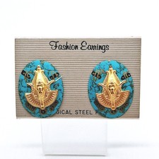 Vintage Egyptian Goldtone Blue Metal Oval Drop Pierced Earrings