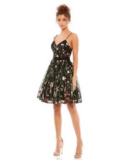 Mac Duggal Black Floral Embroidered Fit & Flare Cocktail Dress Mini Mesh Beaded