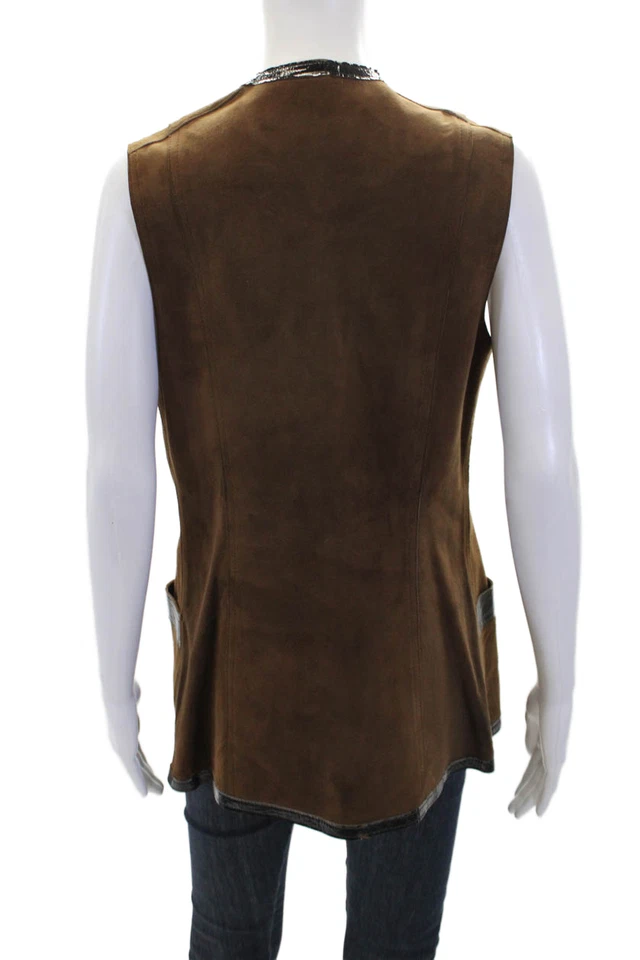 Chaleco Chaqueta de Gamuza Cuello en V Delantero Gancho para Mujer Marrón Negro Talla Grande Foto 3 de 3