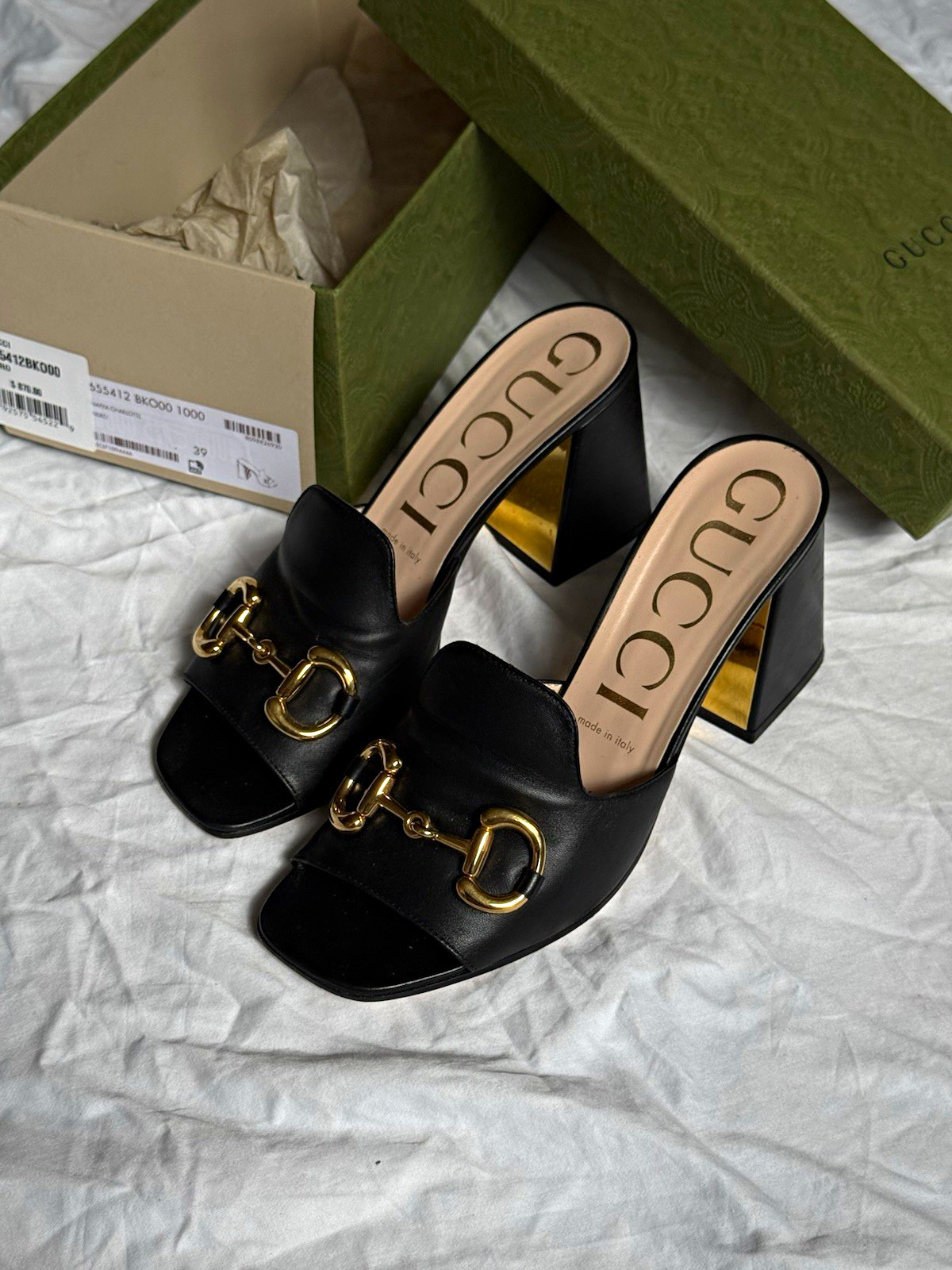Gucci Black Leather Open Toe Horsebit Logo Slip-On Mule Heel EU 39 US 8.5