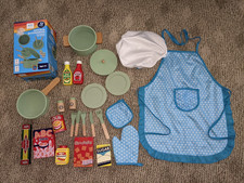 24 Piece Lot Wooden Play Food Kitchen Dish Set Apron Mitts Hat Pots Cook Chef