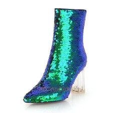 Womens Sequin High Heel Pointed Toe Zip Ankle Boots Casual Prom Club Party Shoes