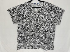 Scrubwear Floral Scrub Top XL Black White V-Neck 2 Pocket Nurse Medical