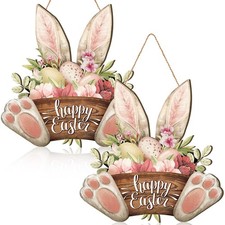 2 Pcs Easter Wreaths for Front Door Bunny Welcome Wood Sign Door Hanger Sprin...