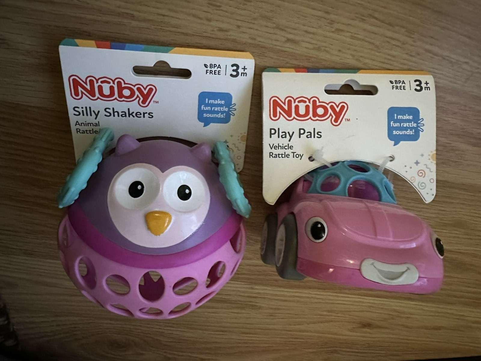 2-Pack Nuby PLAY PALS Pink Owl & Car Vehicle Rattle Toy 3+ M