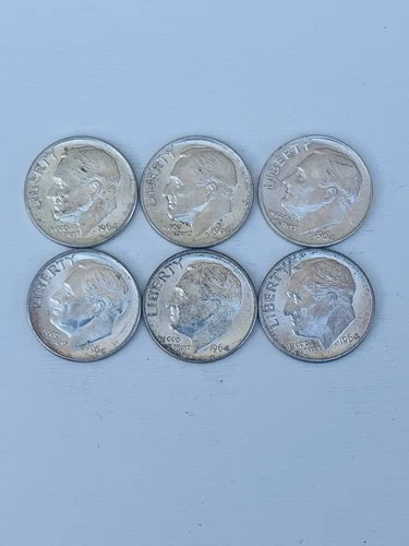 1964 Roosevelt Dime Silver Bright and Lustrous Lot of 6,Uncirculated
