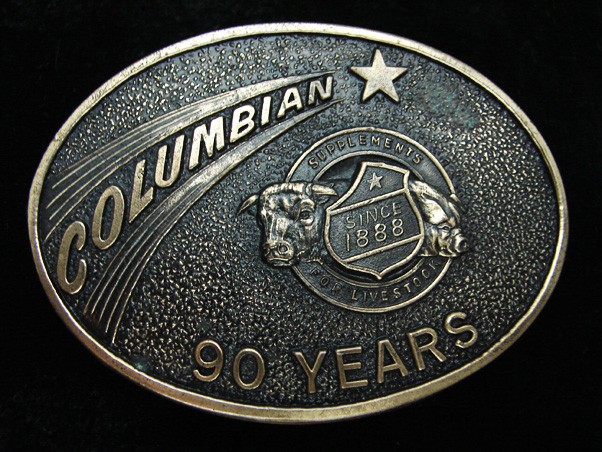 QI13117 *NOS* VINTAGE 1978 **COLUMBIAN SUPPLEMENTS FOR LIVESTOCK** BELT BUCKLE