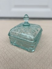 Vintage Indiana Glass / Tiara Glass Honey Bee Box, Aquamarine, 5.5" W x 6 2/8" H