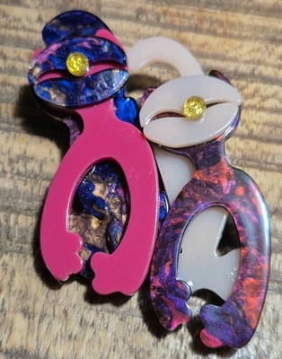 Modernist Arcrylic Handmade Double BROOCH 3D Abstract Cat Friends Arty BN Fun