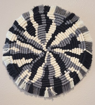 Gray Black White Macrame Wall Hanging  12'' Boho Wedge  Neutral Fiber Art  OOAK