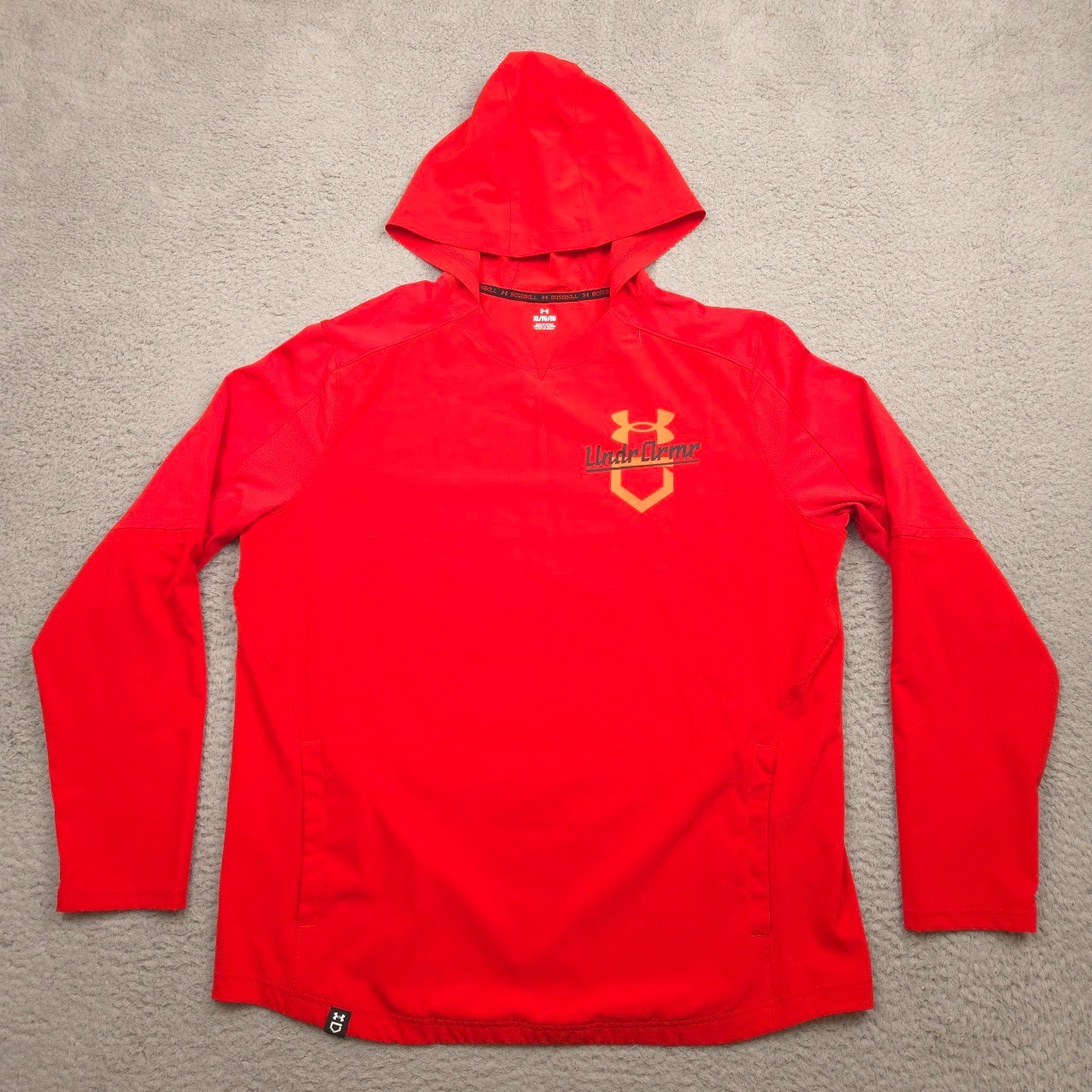 Under Armour Hooded Cage Jacket Mens XL Red Baseball Stretch Pullover Pockets