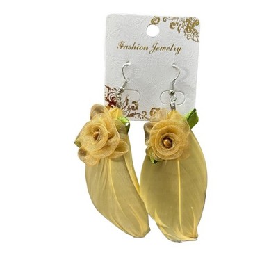 Vintage Fashion Earrings Fabric Feather Rose 3.5'' Drop Fish Hook