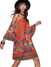 Laklook Bohemian Spaghetti Sundress Woman’s Medium Cold Shoulder Floral Abstract