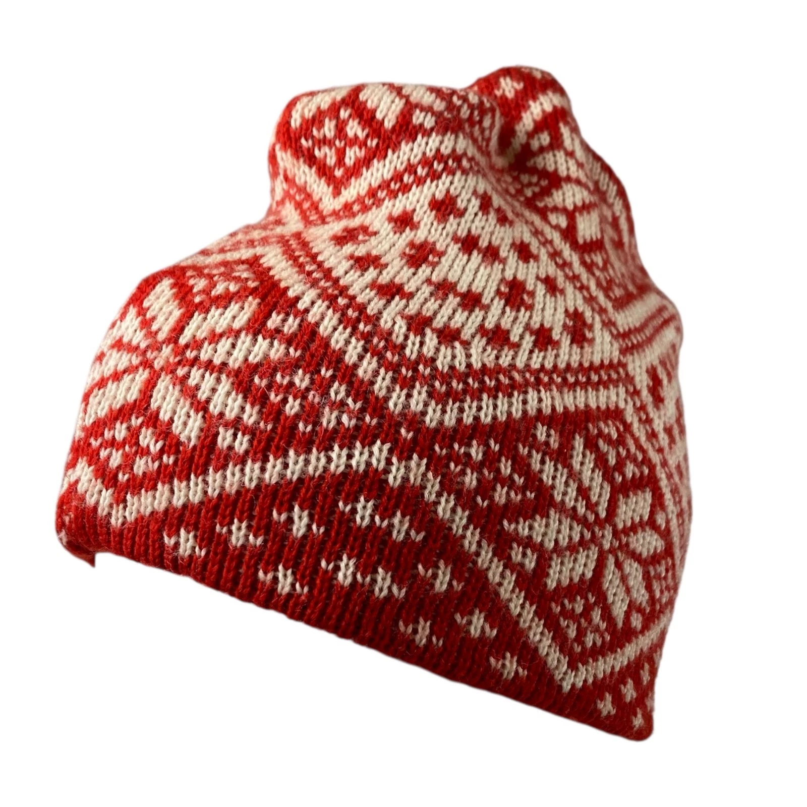 Vintage STEFFNER Nordic Beanie Hat Virgin Wool Flake Snow Ski Red White