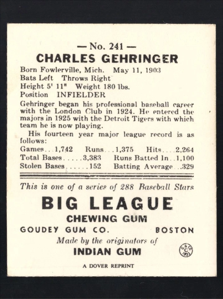 Goudey Heads Up 1985 1938 reimpresión firmada Charlie Gehringer automático #241 Foto 2 de 3