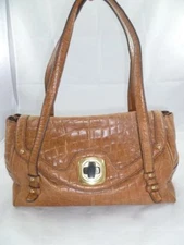 B MAKOWSKY USED TAN CROC EMBOSSED LEATHER TURNLOCK FLAP TOTE/SATCHEL BAG