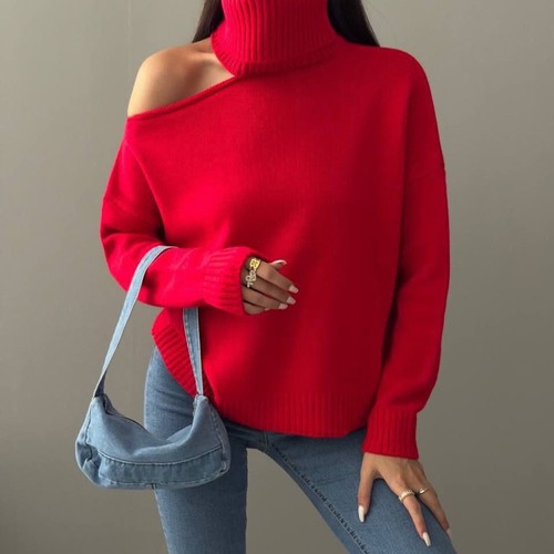 Autumn and winter new women's sexy off shoulder slim fit sweater knitted sweater - Picture 19 of 19