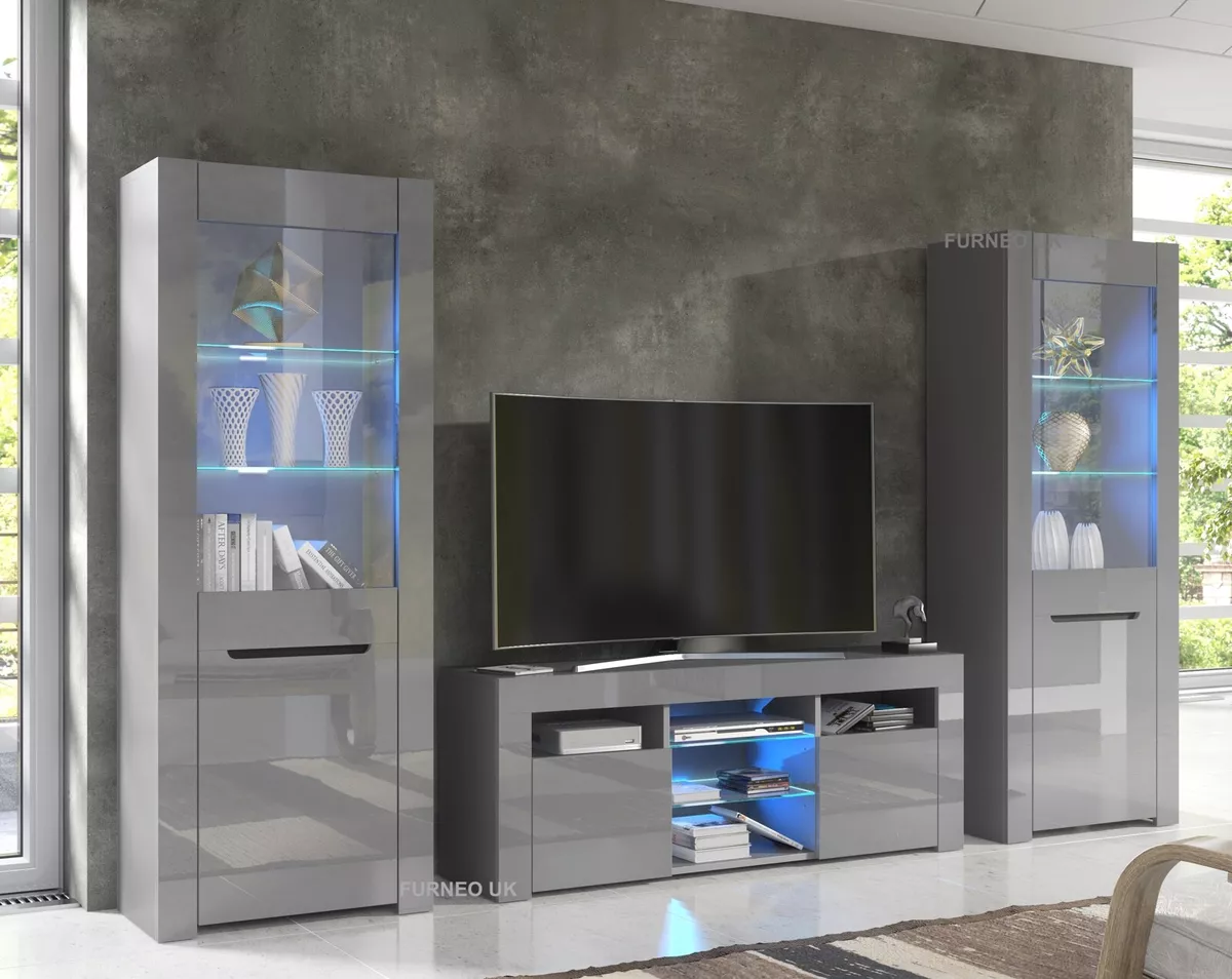 TV Unit High Gloss Grey Matt Living Room Set Stand Display Cabinets LED Lights