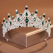 Wicked Silk Prom, Quinceanera Jeweled Crown Tiara Headband - Silver Dark Green