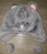 girls size 1-3 years PLUSH GRAY KITTEN CAT HAT lined FACE EARS POMPOMS cute