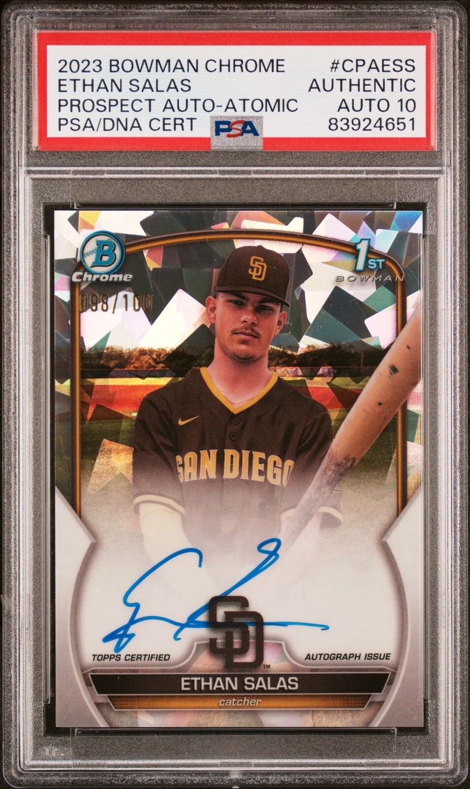 2023 Bowman Chrome Ethan Salas 1st Atomic PSA/DNA Auth/10 Padres Baseball 98/100