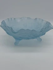Vintage Footed Bowl Blue Rose Decor Marked LG Ruffled Elegant