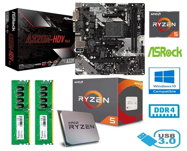 AMD RYZEN 5 2600 BUNDLE 6 CORE ASROCK A320M HDV MOTHERBOARD