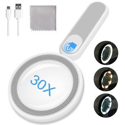 Rechargeable Magnifying Glass with Light 30X 4.7IN Handheld Large Lightweigh