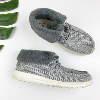 Hey Dude Britt Booties Shoes Grey Herringbone Wool Blend Faux Fur Women's 