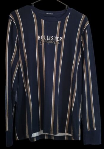 Hollister T-Shirt Men's Large Blue Striped California Neck Long Sleeve Cotton - Picture 1 of 2
