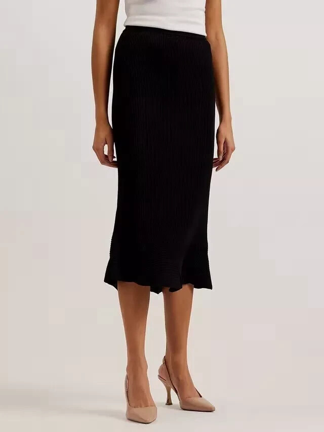 NEW Ted Baker Velenaa Curved-Hem Stretch Knit Midi Skirt - Black 5 US 12