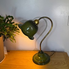 Vintage Mid-Century Green Flower Tulip Gooseneck Desk Lamp Brass & Enamel B22