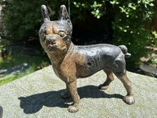 LEFT FACE HUBLEY BOSTON TERRIER CAST IRON DOG STATUE BLK & TAN DOORSTOP 10”