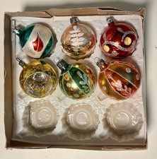 6 Vtg Christmas Tree Ornaments Mercury Glass Colorful Glitter Poland Box