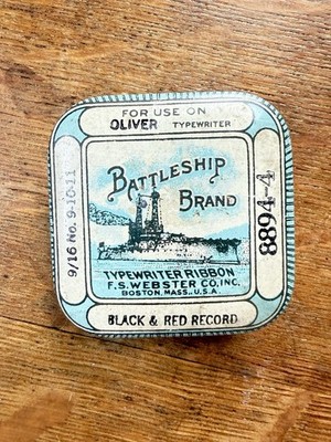 Antique Battleship Brand Typewriter Ribbon Lithograph Tin RARE webster boston Ma