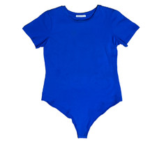 Mangopop Bodysuit Womens M Blue Stretch Short Sleeve Crew Neck Snap Bottom Top