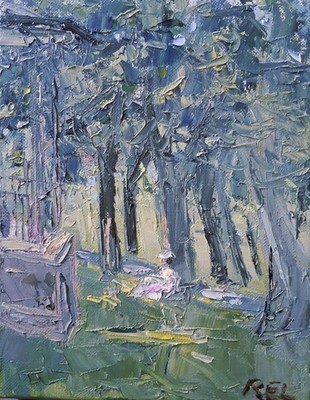 Romantische Gartenlandschaft Öl Leinwand Gemälde Robert E Leach 10'' x 8''
