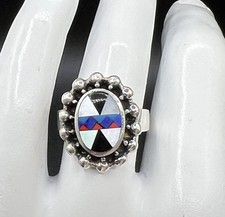 Sterling Silver Southwestern Style Mother Of Pearl, Onyx Ring, Size 5.75
