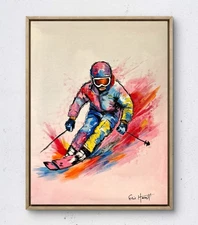 Original Snow Skier Art 16x12 Canvas Bold Color Modern Abstract Painting