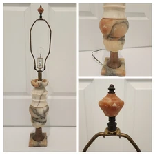 Vintage Hand Carved Alabaster Marble & Brass Table Lamp Matching Carved Finial
