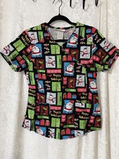 SCRUBSTAR XS Holiday Scrub Top Christmas Cotton Black
