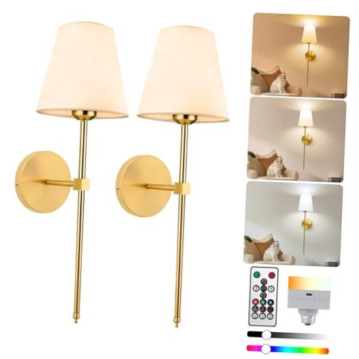Battery Operated Wall Sconce Set of 2, 5600mAh Gold Rechargeable Wall Lights