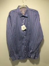 NWT Bugatchi Uomo Blue Red Stripe Long Sleeve Dress Shirt XXL New w/ Tags