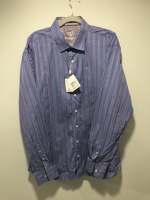 NWT Bugatchi Uomo Blue Red Stripe Long Sleeve Dress Shirt XXL New w/ Tags